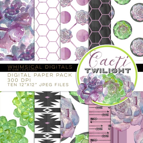 Cacti watercolor digital pattern paper pack, planner graphics, succulent stickers, southwest, rustic, boho, purple, small Com OK WD Twilight