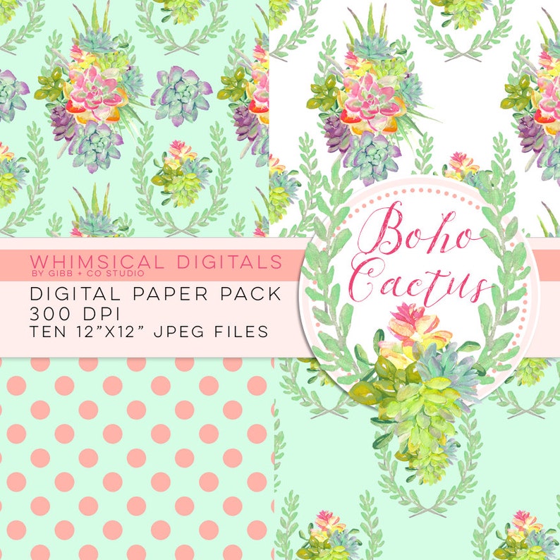 Download Boho Cactus watercolor digital pattern paper pack planner ...