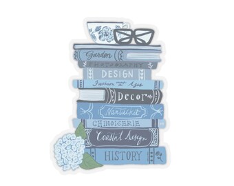 Hydrangeas with Stacked books, Kiss-Cut Stickers, blue hydrangea, Nantucket, Blue coastal style, Grand Millenial coastal, book lover gift