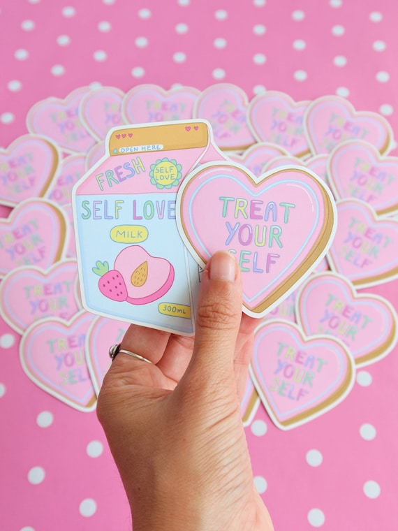 Self Love Stickers Pack of 2 Stickers for Scrapbooking, Journaling, Laptop,  Decoration Pastel Milk Carton and Heart Cookie Stickers 