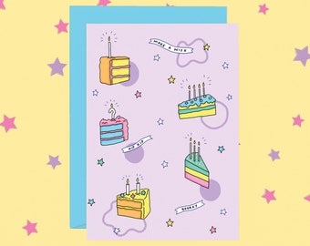 Pastel Birthday Greeting Card | Birthday Cake Illustrated Greeting Card, Celebration Card | Australian Made Greeting Card