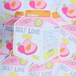 Self Love Kawaii Milk Carton Sticker for Scrapbooking, journaling, laptop, decoration | Pastel Milk Carton Die Cut Vinyl Sticker