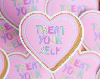 Treat Yourself Heart Sticker for Scrapbooking, Journaling, Laptop, Decoration | Pastel Heart Cookie Die Cut Vinyl Sticker