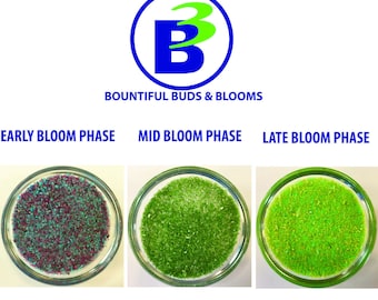 May include: A chart showing the different colors of a fertilizer for different stages of plant growth. The chart shows three stages: early bloom, mid bloom, and late bloom. The fertilizer is a green, blue, and purple color. The chart also shows the NPK ratio for each stage. The early bloom stage has a ratio of 5-47.5-18, the mid bloom stage has a ratio of 0-51-32, and the late bloom stage has a ratio of 9-54-9.