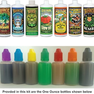 以下が含まれることがあります： 植物用肥料の30mlボトル8本セット。ボトルには、Bush Doctor、Fox Farm、Tiger Bloomなど、さまざまなブランド名が記載されています。ボトルは2列に並べられており、上の列にはボトル全体が、下の列にはキャップを外したボトルが並んでいます。キャップを外すと、中の色のついた液体が見えるようになっています。