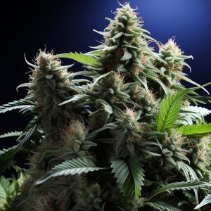 May include: Close-up of a cannabis plant with multiple buds, showing the green leaves and white trichomes.