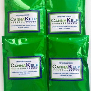 May include: Four green resealable pouches with a white label that reads "PROFESSIONAL STRENGTH CANNAKELP ****** DESIGNED FOR THE PERFECT GROW - SEEDLING TO HARVEST Net Wt. 3 oz (85 grams)"