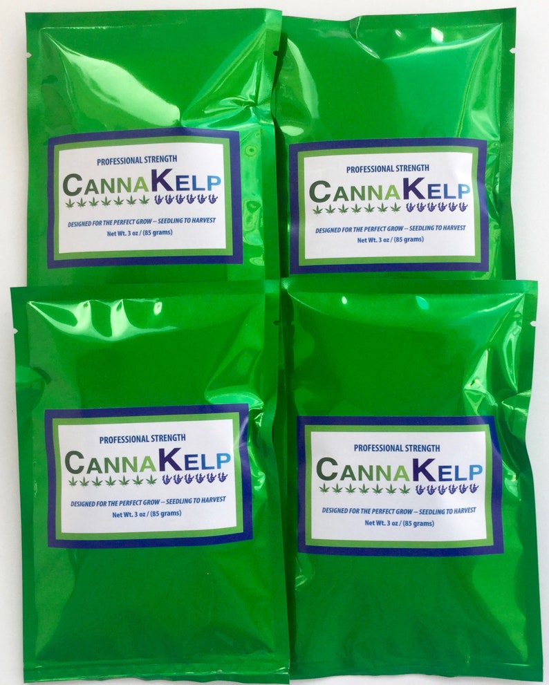 May include: Four green resealable pouches with a white label that reads "PROFESSIONAL STRENGTH CANNAKELP ****** DESIGNED FOR THE PERFECT GROW - SEEDLING TO HARVEST Net Wt. 3 oz (85 grams)"