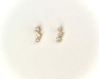 3 Stone Stud Earrings - 14K Gold Plated