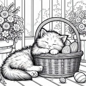 May include: A black and white illustration of a fluffy cat sleeping in a woven basket. The basket contains decorated Easter eggs. Flowers in pots are visible in the background, and the scene is set on a wooden surface.