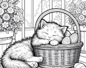 May include: A black and white illustration of a fluffy cat sleeping in a woven basket. The basket contains decorated Easter eggs. Flowers in pots are visible in the background, and the scene is set on a wooden surface.