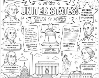 May include: A black and white coloring page celebrating the 250th birthday of the United States, featuring illustrations of George Washington, Thomas Jefferson, Benjamin Franklin, Abraham Lincoln, Susan B. Anthony, the Liberty Bell, and landmarks.