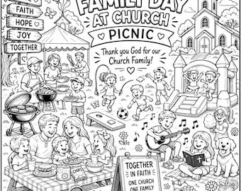 May include: A black and white coloring page illustration titled Happy Family Day At Church Picnic. It features a church, a picnic scene with families eating, children playing with a ball, a jump rope, a bounce house, and a guitar player.