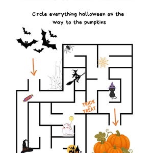 May include: A Halloween maze activity sheet featuring the text HALLOWEEN MAZE and Circle everything halloween on the way to the pumpkins. The maze includes illustrations of bats, a spider, a web, a witch, a cat, a ghost, and pumpkins.