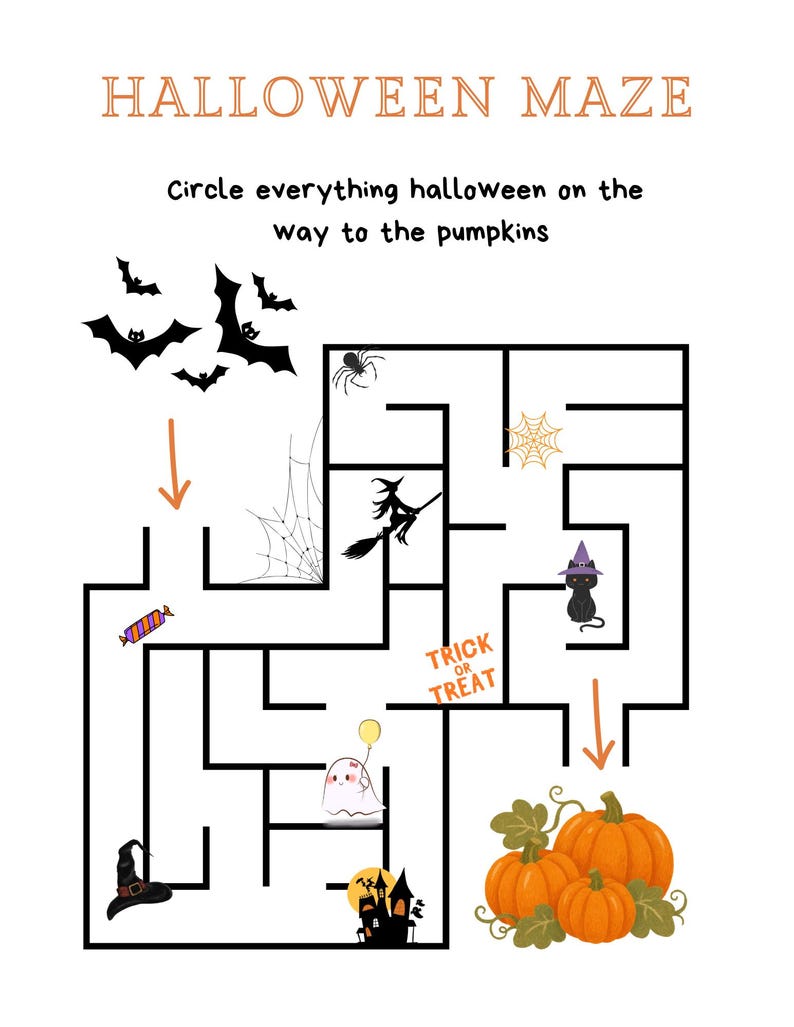 May include: A Halloween maze activity sheet featuring the text HALLOWEEN MAZE and Circle everything halloween on the way to the pumpkins. The maze includes illustrations of bats, a spider, a web, a witch, a cat, a ghost, and pumpkins.