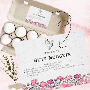 Tarjeta de instrucciones de MANEJO DE HUEVOS, Tarjeta de cuidado de huevos Butt Nugget, Cuidado de huevos frescos, Etiqueta de cartón de huevos, Tarjeta de cartón de huevos, Imprimible, Descarga instantánea