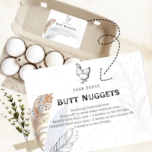 Tarjeta de instrucciones de MANEJO DE HUEVOS, Tarjeta de cuidado de huevos Butt Nugget, Cuidado de huevos frescos, Etiqueta de cartón de huevos, Tarjeta de cartón de huevos, Imprimible, Descarga instantánea