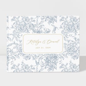 French Toile Wedding Guest Book Personalized | Dusty Blue and Gold Foil | 50 Sheets of Paper | Color Choices Available | Design: A081