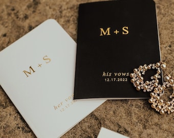 Personalized Vow Books Set of 2 | Her Vows His Vows | Monogram | Black, White and Gold Foil | Color Choices Available | Design: A032