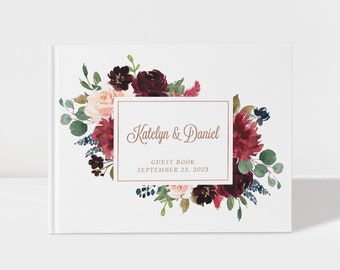 Wedding Guest Book | Watercolor Floral | Maroon and Rose Gold | 50 Sheets of Paper | Design: A026