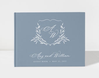 Wedding Guest Book | Wedding Crest Monogram | Dusty Blue and White | 50 Sheets of Paper | Color Choices Available | Design: A039