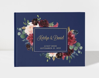 Wedding Guest Book | Watercolor Floral | Navy and Gold | 50 Sheets of Paper | Colour Choices Available | Design: A026