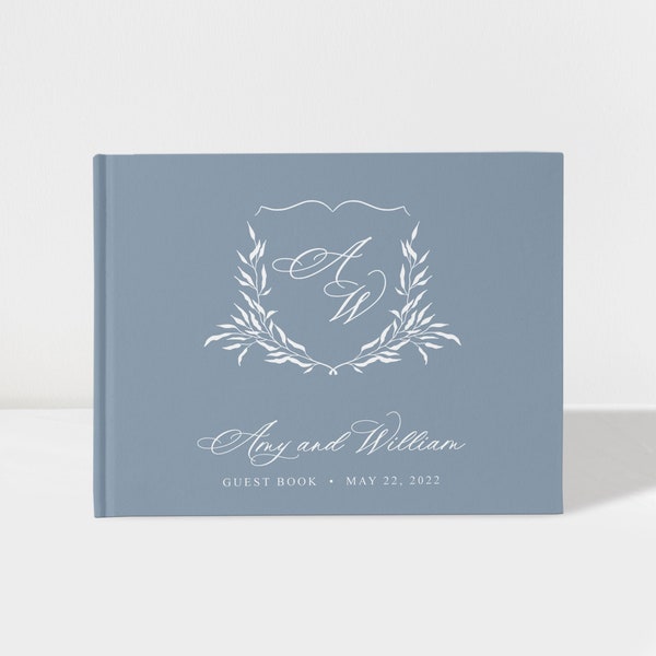 Wedding Guest Book | Wedding Crest Monogram | Dusty Blue and White | 50 Sheets of Paper | Color Choices Available | Design: A039