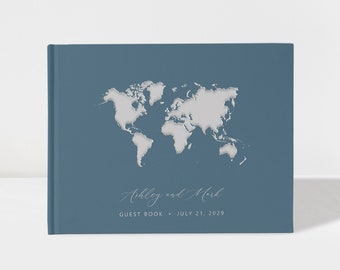 World Map Destination Wedding Guest Book Custom | Slate Blue and Silver Foil | 50 Sheets of Paper | Color Choices Available | Design: A066