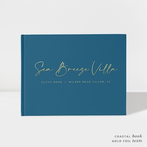 Airbnb Guest Book Journal Personalised | Coastal Blue and Gold Foil | 50 Sheets of Paper | Color Choices Available | Design: BNB009