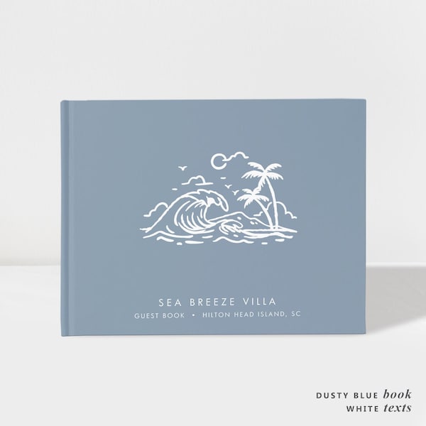 Livre d'or Airbnb | Maison de vacances à la plage Réserver | Bleu poudré et blanc | 50 feuilles de papier | Choix de couleurs disponibles | Modèle : BNB011