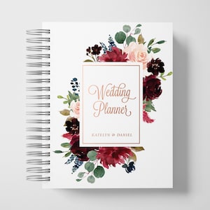 Personalisiertes Hochzeits-Planer-Buch | Geschenke zur Verlobung | Burgund und Roségold | Farbauswahl verfügbar | 16x23cm | Entwurf: A076