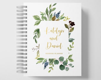 Wedding Planner Book Personalized | Engagement Gifts | Greenery and Gold | Color Choices Available | 6 x 9 inches | Design: A025