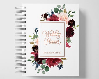 Wedding Planner Book Personalized | Engagement Gifts | Burgundy and Rose Gold | Color Choices Available | 6 x 9 inches | Design: A026