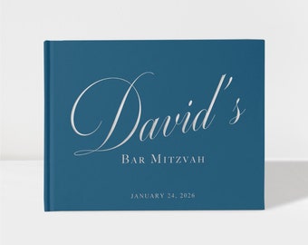Libro de invitados de Bar Mitzvah / Libro de inicio de sesión de Bat Mitzvah / Lámina azul y plateada / 50 hojas de papel / Opciones de color disponibles / SKU: BM001