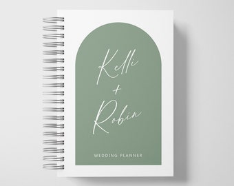 Bruiloft planner boek gepersonaliseerd | Boog bruiloft briefpapier | Salie groen en wit | Kleurkeuzes beschikbaar | 6 x 9 inch | Ontwerp: A048