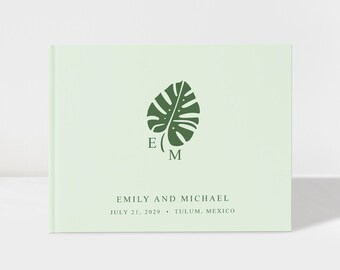 Personalized Tropical Wedding Guest Book, Moss Hardcover Sign In for Beach Summer Celebrations | A088