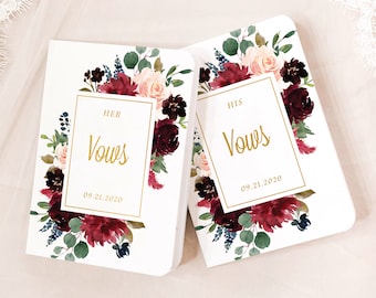 Vow Books Set of 2 | Her Vows His Vows | Maroon Floral and Gold | Color Choices Available | Design: A076