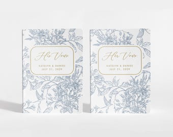French Toile Wedding Vow Books Personalized | Blue Floral Pattern Vow Booklets Custom | Dusty Blue | Color Choices Available | Design: A081