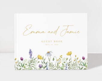 Personalized Wedding Guest Book, Garden Wedding Reception Sign In Album, Wildflower Guestbook Gold | A091