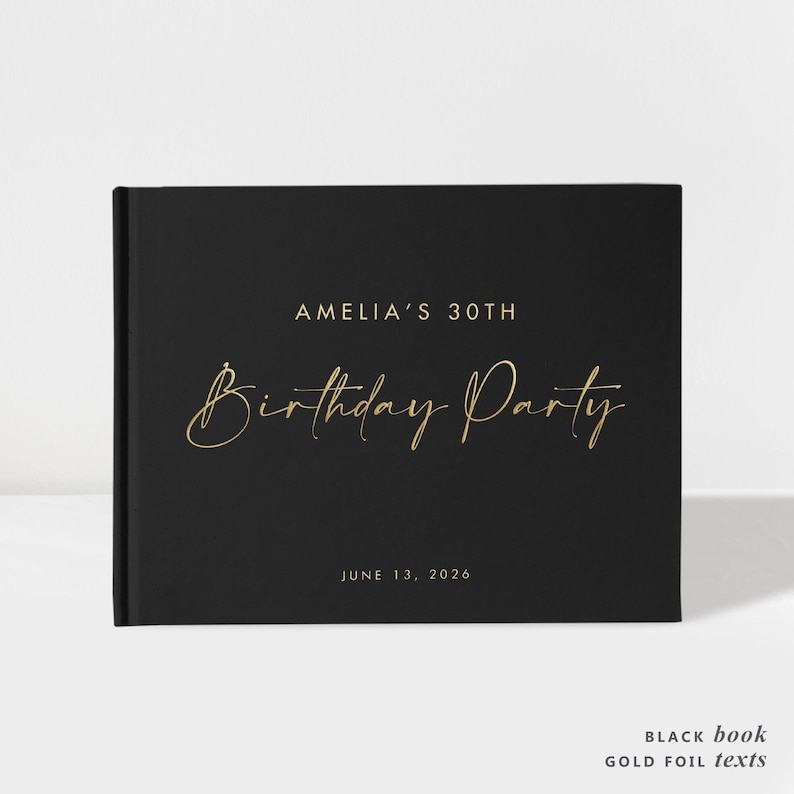 Birthday Party Guest Book Black and Gold Foil 50 Sheets of Paper Color Choices Available Design: BB004 image 1