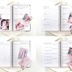 May include: An open wedding planner with pages for cake baker summary, guest list, weekly to-do list, and appointments. The planner has a spiral binding and is decorated with floral themed photos.