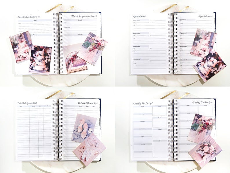 May include: An open wedding planner with pages for cake baker summary, guest list, weekly to-do list, and appointments. The planner has a spiral binding and is decorated with floral themed photos.
