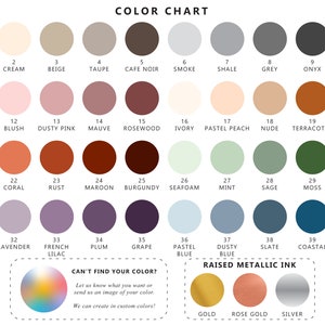 May include: Color chart with 40 different colors, including white, black, beige, brown, pink, red, green, blue, purple, and grey. The chart also includes a section for raised metallic ink colors, including gold, rose gold, and silver.