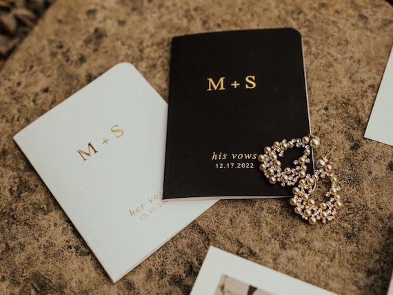 Personalized Vow Books Set of 2 | Her Vows His Vows | Monogram | Black, White and Gold Foil | Color Choices Available | Design: A032