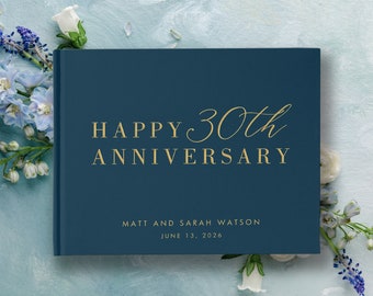 Personalized Wedding Anniversary Hardcover Guest Book, Work Milestone Celebration, Navy and Gold Foil Stamped