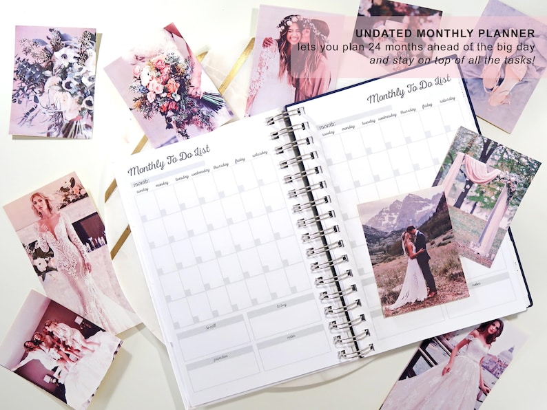 May include: An undated monthly planner with a white cover and silver spiral binding. The planner has a section for a monthly to-do list and a calendar grid. The planner is surrounded by photos of a wedding.