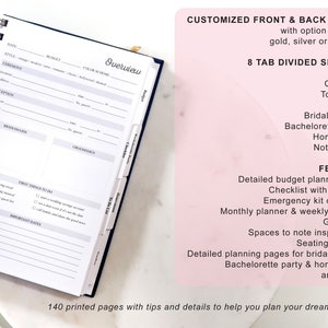 May include: A pink and white wedding planner with 8 tab divided sections. The planner includes a budget, checklist, to do list, vendors, bridal shower, bachelorette party, honeymoon, and notes/vows. The planner has 140 printed pages with tips and details to help plan a wedding.