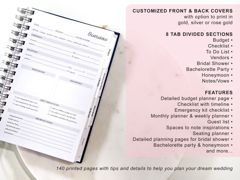 Libro planificador de bodas personalizado / Regalos de compromiso / Rosa empolvado y oro rosa / Opciones de color disponibles / 6 x 9 pulgadas / Diseño: A022 imagen 4