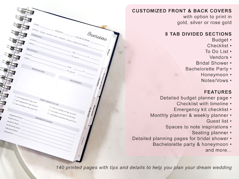 May include: A pink and white wedding planner with 8 tab divided sections. The planner includes a budget, checklist, to do list, vendors, bridal shower, bachelorette party, honeymoon, and notes/vows. The planner has 140 printed pages with tips and details to help plan a wedding.