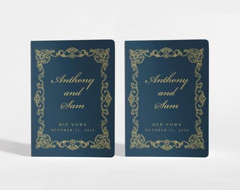 Ornate Navy and Gold Vow Books, His and Her Personalized Foil Set for Elegant Classic Wedding Ceremonies | Design: A087